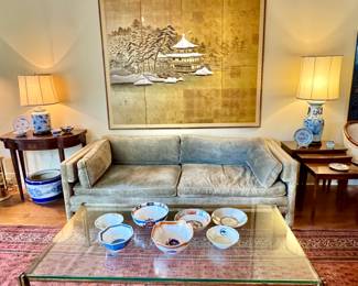 Knoll style down filled silk velvet sofa, Hollywood Regency / Knoll style glass top gilt iron coffee table