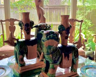 Majolica foo dogs - one repaired