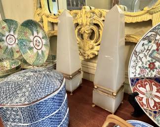 Art deco alabaster brass mounted obelisk pair