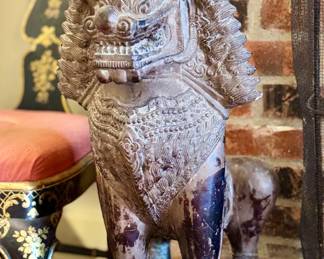 19th/20th c. Patinated metal temple foo dogs