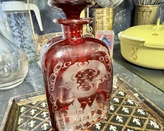 Bohemian cranberry etched to
clear decanter