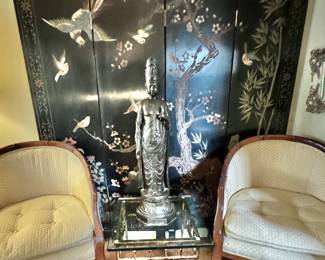 Carved black lacquer four panel folding screen