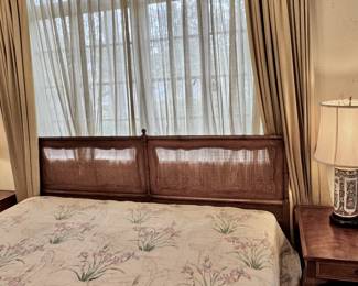 Mid century king cane headboard, California king mattress set, Famille rose medallion lamps