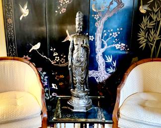 Hollywood Regency glass top gilt metal bamboo base table 