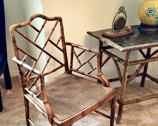 Mid century Chinese Chippendale bamboo carved and cane chair (s) - one of pair