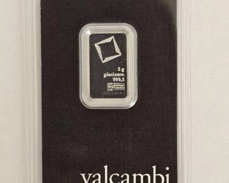 5 grams 999.5 Platinum Bar Minted By Valcambi Suisse in Certification Assay Card