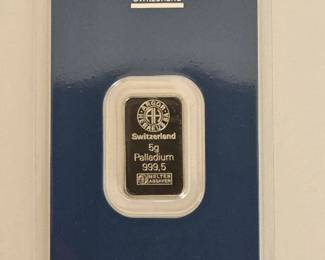  5 grams 999.5 Palladium Bar Minted by Argor-Heraeus Switzerland in Certified Assay Card