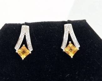 14K Gold with Citrine Stones & Diamond Accents Earrings