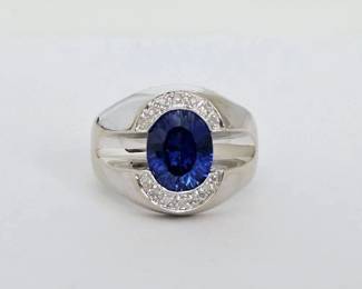 10K White Gold with Diamonds & Faceted Blue Lab Gemstone