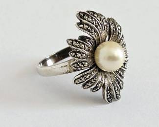 Sterling Silver with Marcasite Stones & Faux Pearl Detail Ring