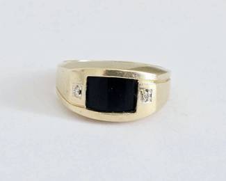 14K Gold with Black Gemstone with Diamond Accents Mens Ring