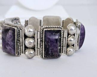 Vintage Mexico Heavy Chunky Sterling Silver with Amethyst Stones Link Design Bracelet