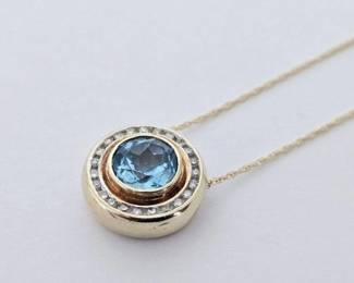 10K Gold with Blue Topaz & Diamonds Pendant Necklace