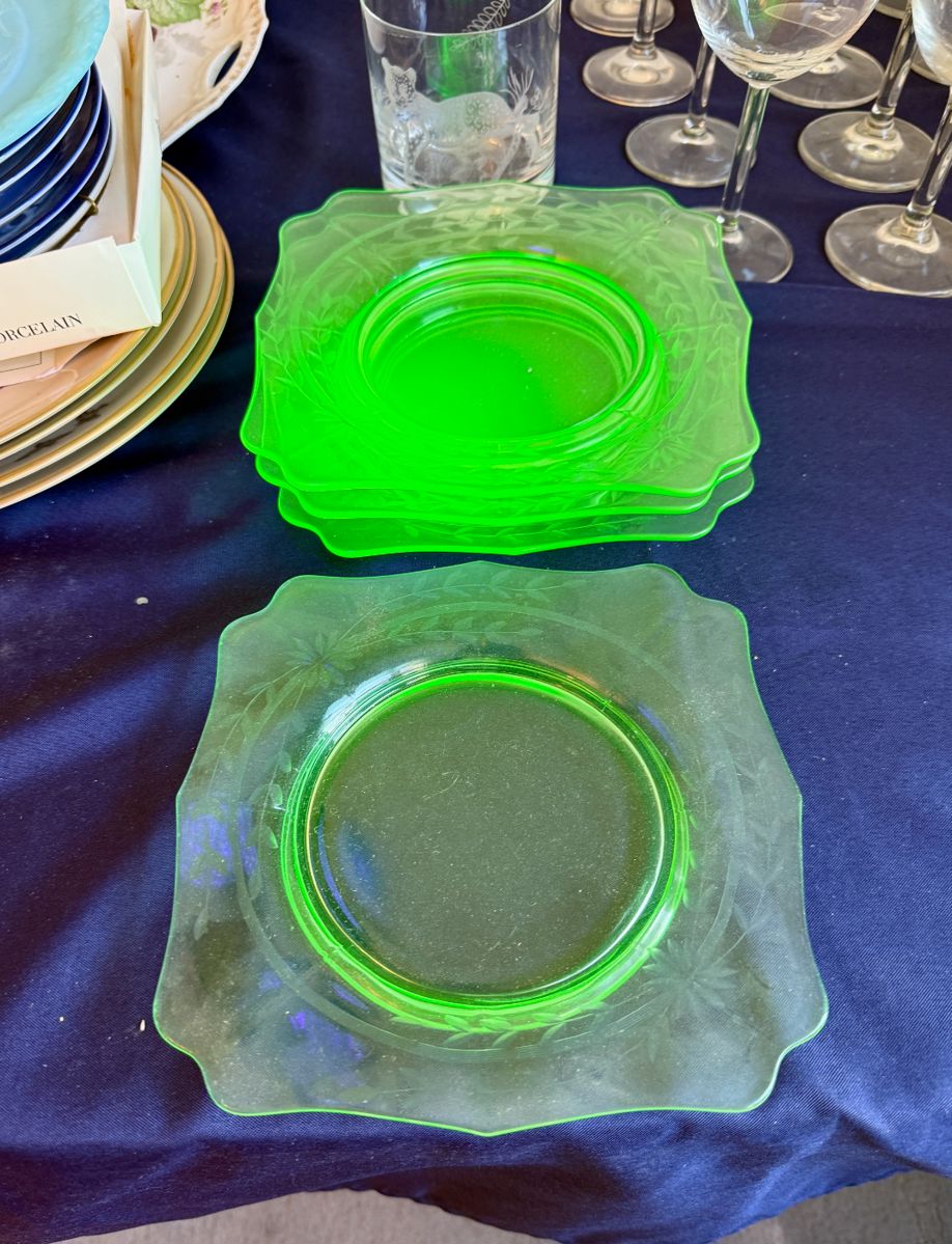 Set of 4 Antique Uranium Glass Plates.
