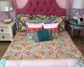 Queen headboard with box frame, bedding with matching draperies.