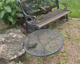 BENCH AND WROUGHT IRON SIDE TABLE