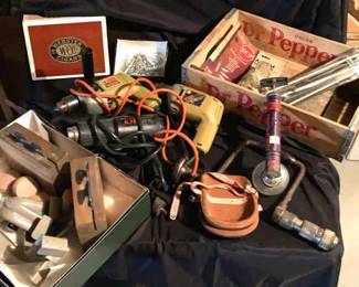 Vintage Miscellaneous Tools, Old Wooden Dr. Pepper Box, Etc.