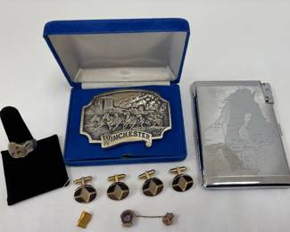 Silver Belt Buckle, Cufflinks, Tie Clip, Vintage Cigarette Case
