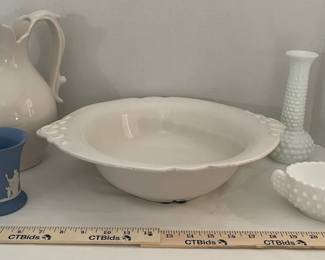Haeger Pitcher Serving Dish, Milk Glass Bud Vases  Dish,  Wedgwood Blue Jasperware Vase