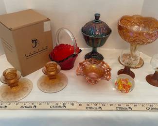 Fenton Ruby Glass Basket, Fenton Black Amethyst Glass Pedestal Dish, Amber Glass Stemware, More