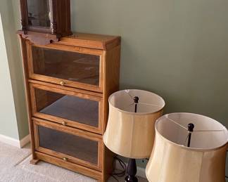 Three Door Wood Cabinet, Pair of Lamps, Wall Clock