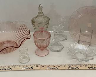Pink Depression Glass, Lead Crystal Candle Holders, Imperial Glass Basket, More