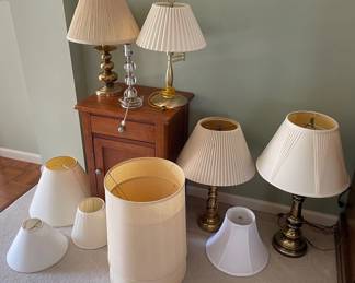 Wood End Table, Various Lamps, Various Lamp Shades