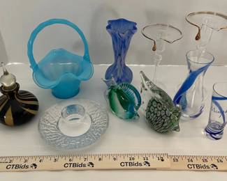 Blue Fenton Glass Basket, Glass Perfume Bottle, Murano Style Glass Fish, More