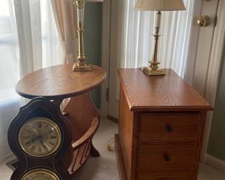 2 Wood End Tables, 2 Buffet Lamps, Wall Clock