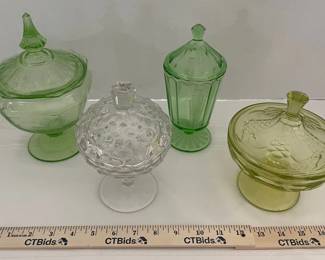 Green Depression Glass Pressed Glass Lidded Candy Dishes
