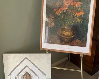 2 Framed Art Prints, 1 Canvas Art Print, 1 Original Christmas Watercolor, Gold Metal Easel