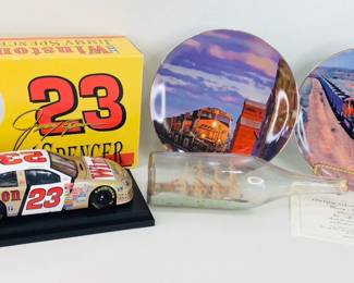 Team Winston Jimmy Spencer Diecast Stock Car Replica, BNSF Railway Collectible Plates and Ship in a Bottle