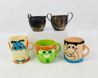 Sterling Silver Cream and Sugar and Flintstones and Pillsbury Plastic Mugs
