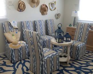 8 Parsons chairs with blue & tan covers; made by Vanguard Furniture