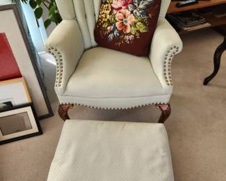 Cream Chair with Ottoman - Needlepoint Pillow.