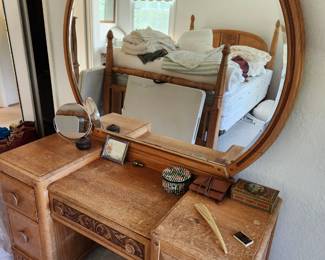 Antique/Vintage Carved Vanity with Mirror and Stool.