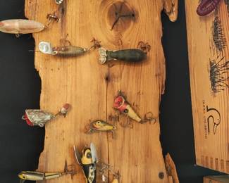 Vintage wooden fishing lure display