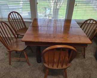 Antique farmhouse oak square table with 4 chairs