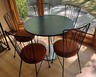 Antarenni Industries / Woodward Furniture Co. Wrought Iron Fabric Seat Dining Chairs (37"H x 17"W x 20"D / 5 Total) w/ Antarenni Industries Chrome Base with Round Wood Top Dining Table