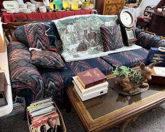 Excellent "flame stitch" navy stripe sofa