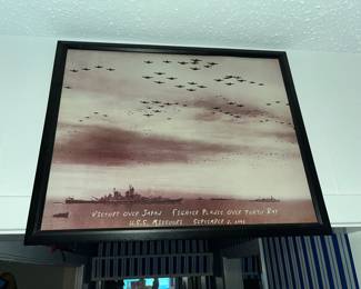 Enlarged photo of USS Missouri & fighter planes over Tokyo Bay Sept. 2,1945