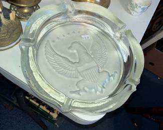 Large, heavy glass US eagle ashtray