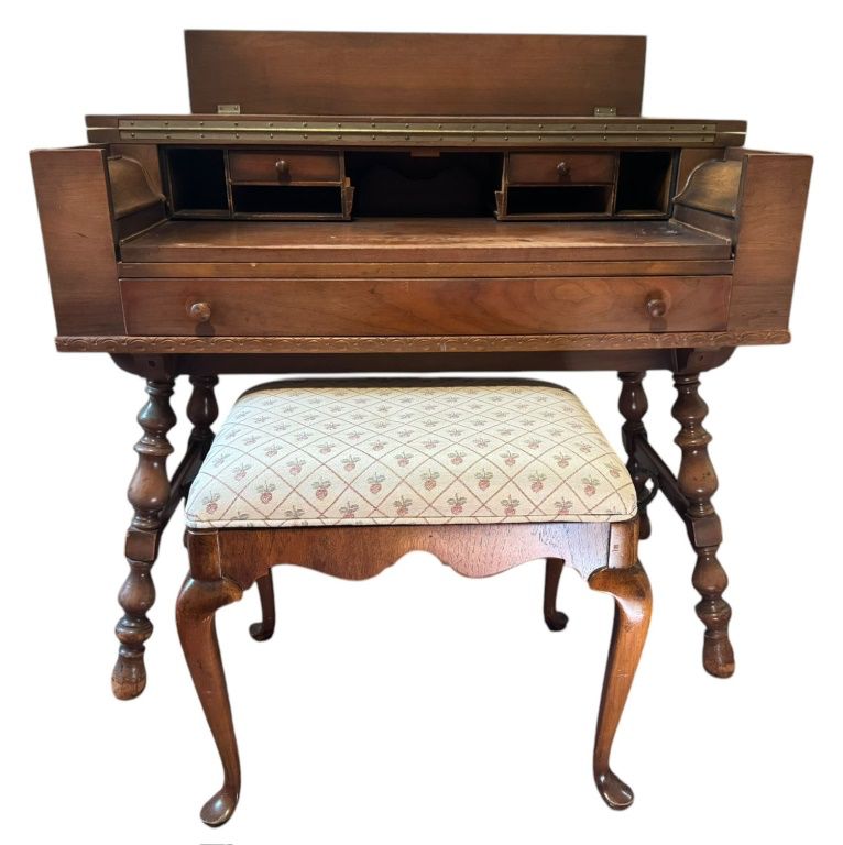 Antique Writing Desk with Upholstered Stool