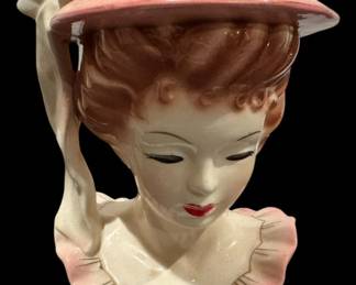 Vintage Lady Head Vase Pink Hat Japan