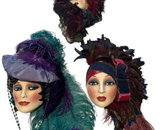 Set of 3 Art Deco Lady Face Mask Feathers