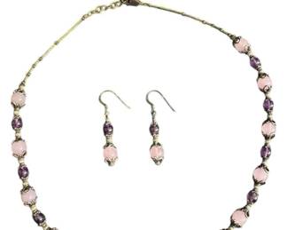 Purple Stone and Glass Necklace Earrings