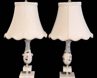 Set of 2 Vintage Porcelain and Marble Lamps