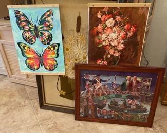 Framed Needle Point, Revolutionary War Puzzle and Watercolors 