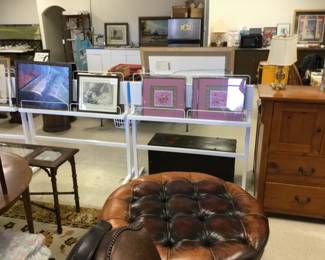 Large round heavy wood and leather ottoman $100