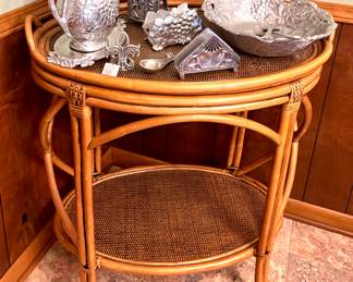 Mid century stand with silver serving items 